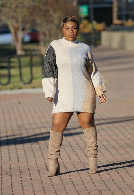 On The Block | Color Block Sweater Dress M (8-10) / Beige Multi On The Block | Color Block Sweater Dress M (8-10) / Beige Multi