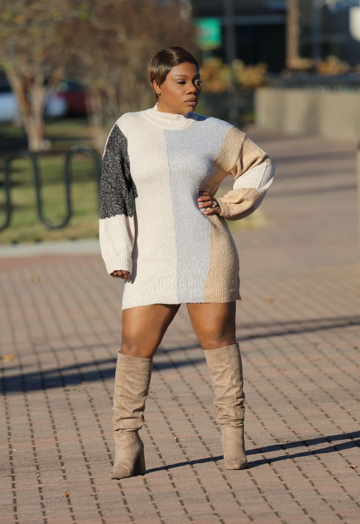 On The Block | Color Block Sweater Dress M (8-10) / Beige Multi On The Block | Color Block Sweater Dress M (8-10) / Beige Multi
