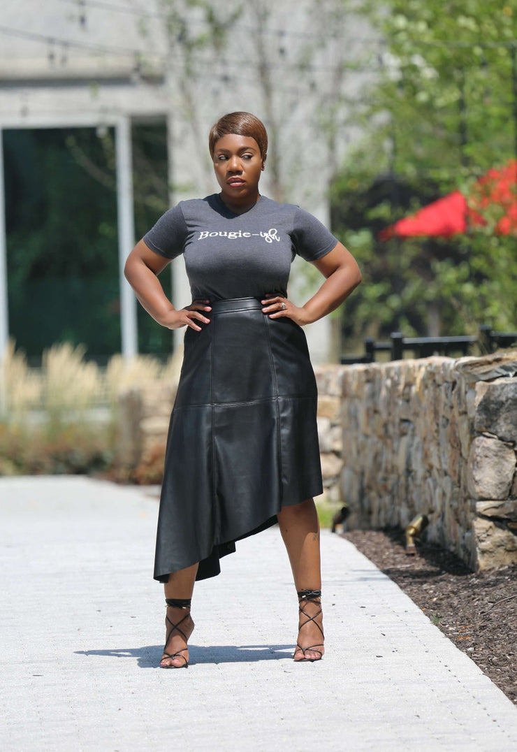 en saison faux leather midi dress Women's Something to Behold Black Faux Leather Short Sleeve Belted Midi Dress | Size: S