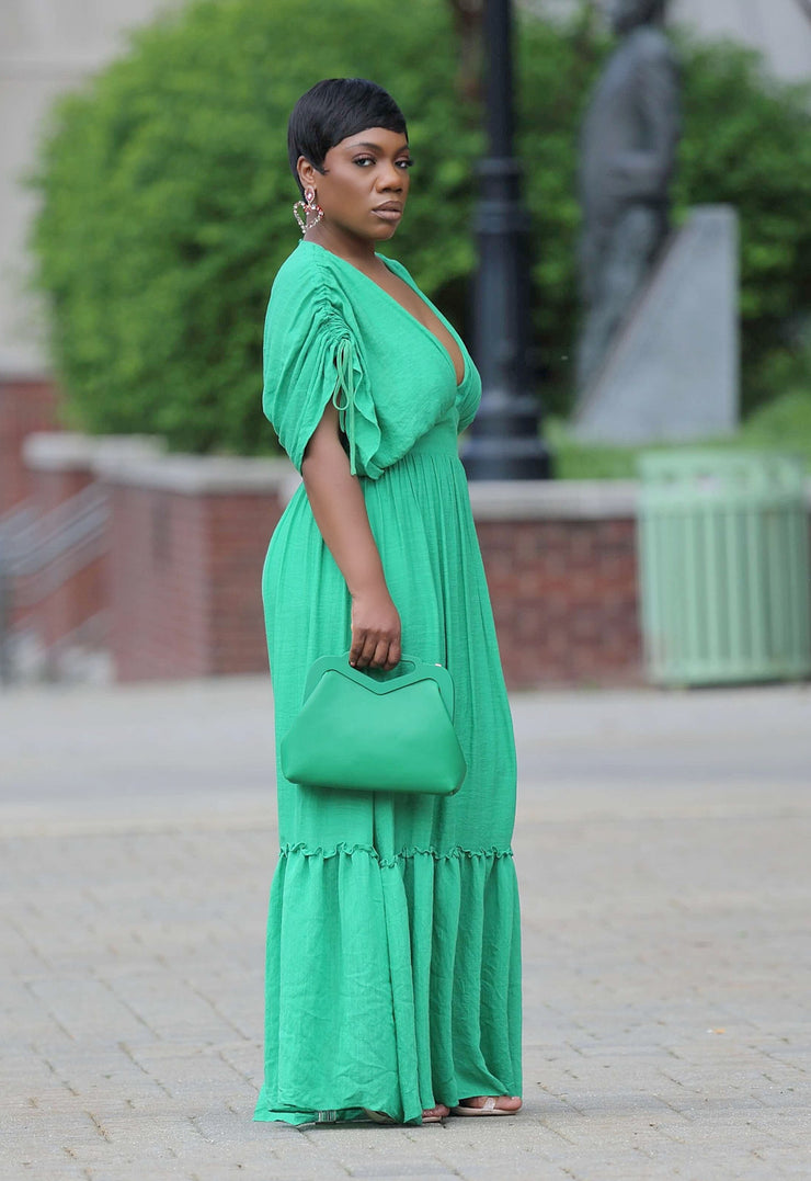 deep neck maxi dress Olive Tropical Leaf Print Deep V Neck Maxi Dress