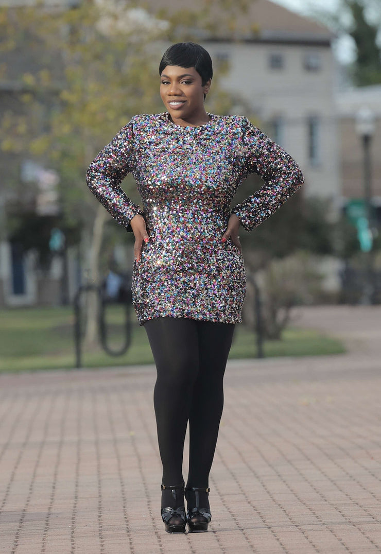 Long Sleeve Charcoal Sequin Dress Marilyn Silver Sequin Long-Sleeved Midi Dress With Feather Cuffs US Long Sleeve Charcoal Sequin Dress Marilyn Silver Sequin Long-Sleeved Midi Dress With Feather Cuffs US