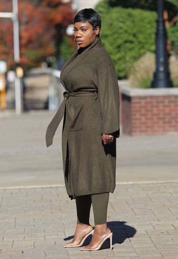 Olive Ribbed Sweater Duster