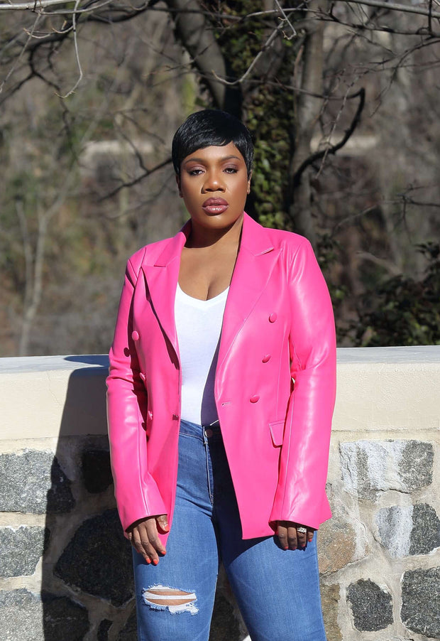 Pink Double Breasted Vegan Leather Blazer