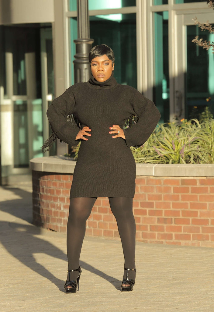 Turtleneck Fringe Sweater Dress | ChloeRae S (4-6) / Black